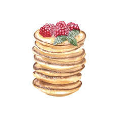 Watercolor illustration of a pancake on a white background