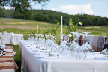 Beautiful decorated table standing among green nature