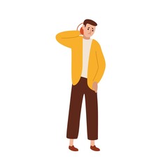 Unhappy guy suffering from neck pain vector flat illustration. Upset man feeling muscle or joint injury isolated on white background. Sad male touching body with painful expression