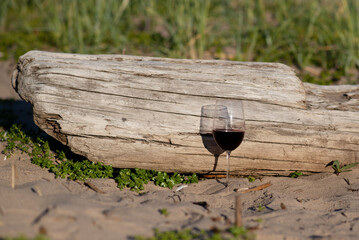 a background of dry wood a glass of red wine stands on the sand against