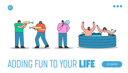 Landing page with people refresh and enjoy water activities - pool, soap bubbles and water gun fight
