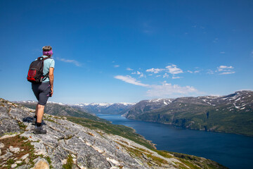 Fototapeta na wymiar On a hike to the mountain Hongfjellet Tosen, Velfjord Northern Norway
