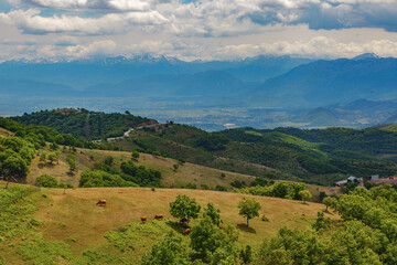 Fototapeta na wymiar Pastoral view of the mountains of Thessaly from the village of Vlachava.