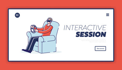 Landing page for vr simulation website. Home car driving simulator for gaming technology