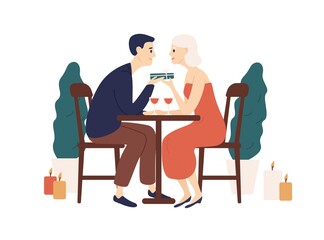 Couple sit at table in restaurant hold gift box vector flat illustration. Happy man and woman at romantic dinner with wine and candles isolated on white. Enamored pair celebrate holiday feeling love