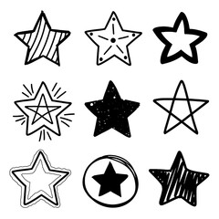 Big Set of black hand drawn doodle stars.