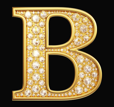 Golden letter "B" with diamonds on black background. Clipping path included.