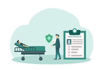 An injured man wearing cast and bandage in  patient bed with insurance coverage talking with doctor.