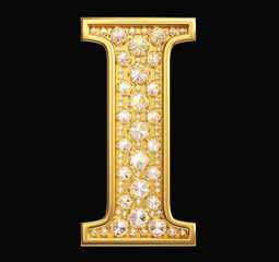 Golden letter "I" with diamonds on black background. Clipping path included.