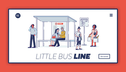 Landing page with group of people on bus station. Diverse cartoon characters waiting for bus