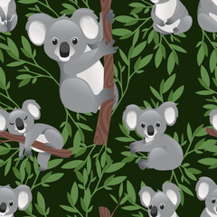 Seamless pattern of cute grey koala bear in different poses eating sleeping leaves cartoon animal design flat vector illustration on green background with leaves © Alfmaler