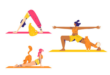 Female characters practice yoga with cats. Warrior, upward and downward facing dog pose. Modern flat style vector illustration isolated on white background.