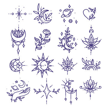 Set of tattoo in minimalism. Thin line shapes collection of space and  nature symbols. Modern vector Stock Vector | Adobe Stock