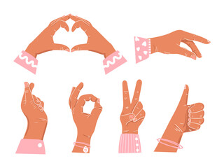 Hand gestures on an isolated background. Fashion illustration, flat style. Gestures: OK, love, heart, cool. Female hands. Communication hands on, discussion. Vector.