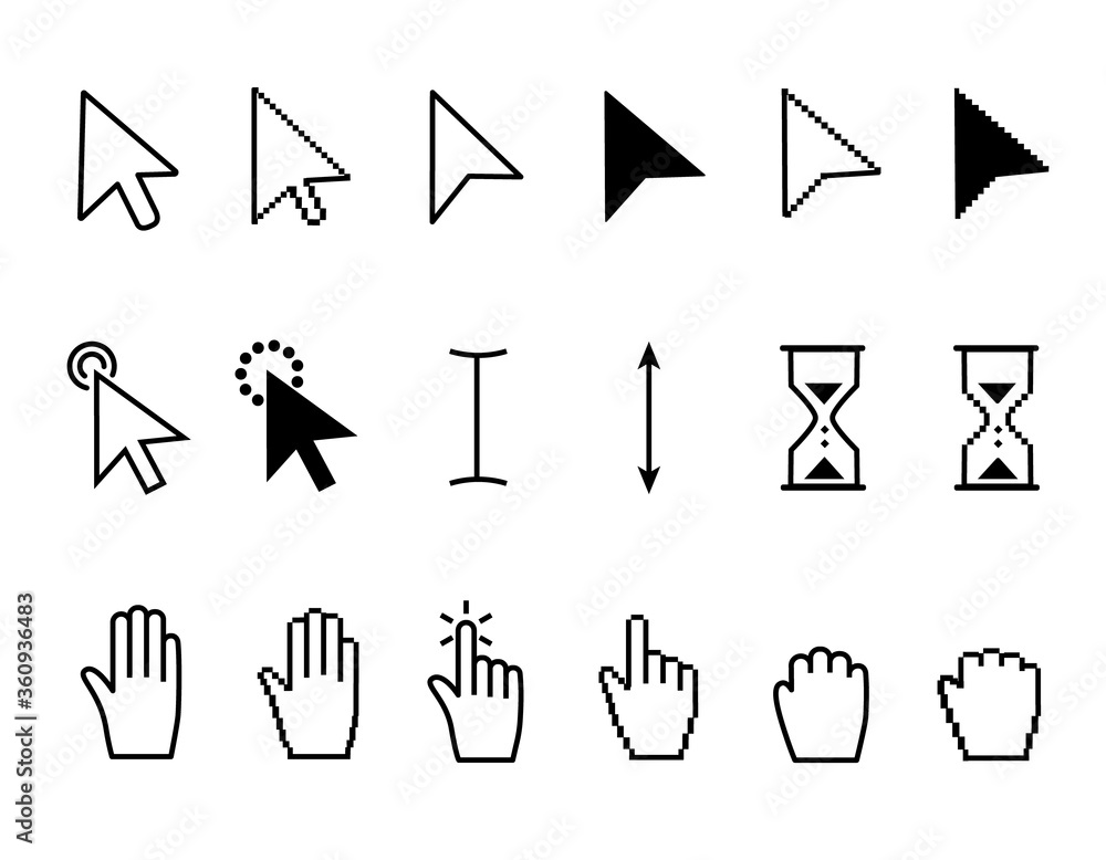 Poster assorted black and white cursor icons with arrows, pointers, hourglass and hands for use as design e
