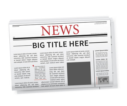 Newspaper with print and copyspace for title with blank square for a photo below over a white background with dimensional shadow, colored vector illustration
