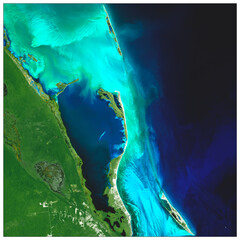 Aerial view city Cancun image satellite, its beaches, water and vegetation, Quintana Roo, Mexico. A beautiful shade of turquoise blue is appreciated. Generated from Sentinel images.