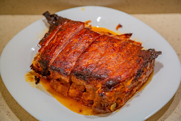 Juicy appetizing fat pork ribs for lunch or dinner