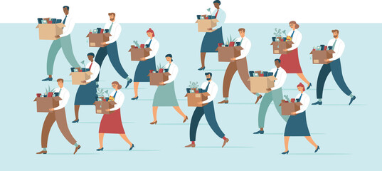 Crowd of Fired sad people carrying a boxes with office belongings. Crisis, dismissal, unemployment, jobless and employee job reduction due to corona crisis concept