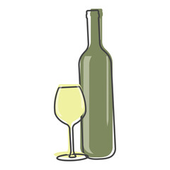 Vector icon of a glass and bottle. Dark bottle and glass goblet symbol cartoon style on white isolated background.