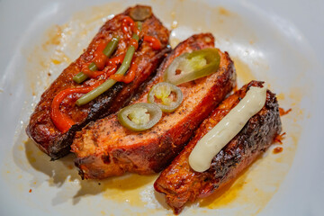 Juicy appetizing fat pork ribs for lunch or dinner