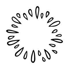 Vector freehand illustration of blots, rays, drops. Abstract, hand drawn element, round frame, isolated on white background.
