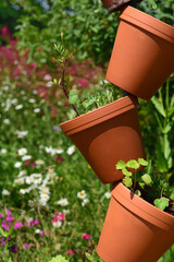 Several red clay pots are stacked on one another and planted with flowers in a garden