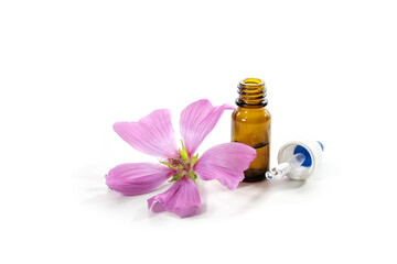 Pink mallow flower (Malva) and a bottle with essence, aromatic herb and medicinal plant against cough, sore throat, cold and flu, isolated with small schadows on a white background