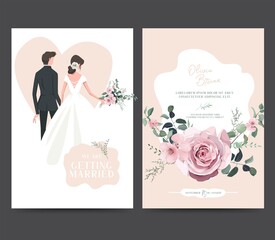 Wedding invitation design. Drawing bride and groom character, illustration, vector. Celebration, event, invitation, wedding dress, groom, romantic, pastel tones. Bridal flower bouquet, leave