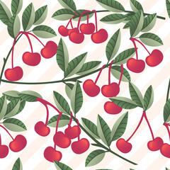 Seamless pattern of red cherry berry on tree branches with green leaves flat vector illustration on pink and white striped background