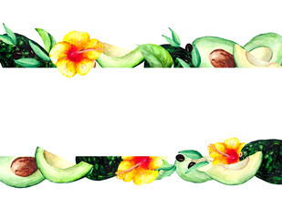 Rectangular frame with juicy avocado fruits, olive branches and yellow tropical flowers with space for text. Watercolor composition for postcards, banners and posters on the theme of food and nature.
