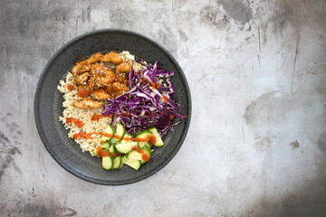 Korean Chicken Bulgogi Bowl with Brown Rice, Cabbage and Cucumber