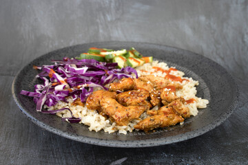 Korean Chicken Bulgogi Bowl with Brown Rice, Cabbage and Cucumber