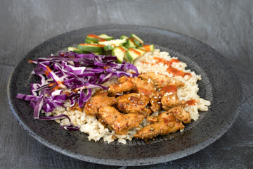 Korean Chicken Bulgogi Bowl with Brown Rice, Cabbage and Cucumber