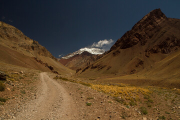 Fototapeta na wymiar Seven summits. Hiking. Path across the valley and golden meadow, leading into mountain Aconcagua, highest peak in America.