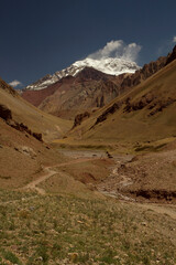 Seven summits. Mountaineering. Path leading to mountain Aconcagua, highest peak in America, and the rocky valley in Mendoza, Patagonia Argentina. 