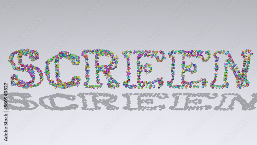 Poster screen: 3d illustration of the text made of small objects over a white background with shadows. conc