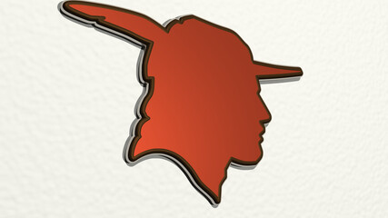 MAN WITH HAT from a perspective on the wall. A thick sculpture made of metallic materials of 3D rendering. illustration and background