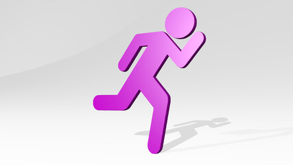 man running on the wall. 3D illustration of metallic sculpture over a white background with mild texture. active and athlete