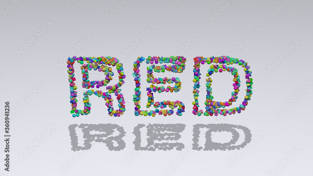 Poster red: 3d illustration of the text made of small objects over a white background with shadows. abstrac