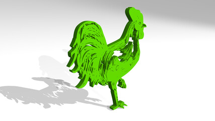 ROOSTER made by 3D illustration of a shiny metallic sculpture on a wall with light background. chicken and animal