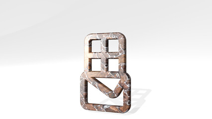 chocolate bar made by 3D illustration of a shiny metallic sculpture on a wall with light background. cake and brown