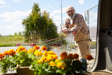 Portrait of smiling senior gardener leaning on cart while loading flowers in van for sale market,...
