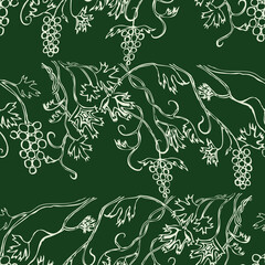 Fototapeta premium Seamless background of sketches vine with ripe grape bunches