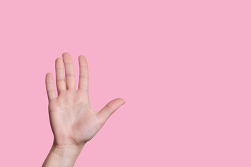 The number five. Female hand counts on fingers. pink background.