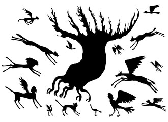 Vector image of silhouettes of magic tree and fantastic creatures