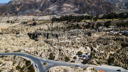 Aerial view of the Moon Valley in La Paz. Beautiful rock formations in Bolivia
