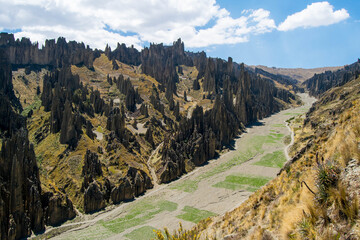Aerial view of the Valley of the Souls in La Paz. Beautiful rock formations in Bolivia