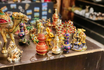 group of gift souvenir on a table with retro styled middle eastern art craft ornaments