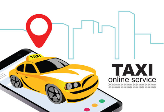 Online city taxi service. Vector image of a taxi car with a marker, on the background of urban buildings, the city.